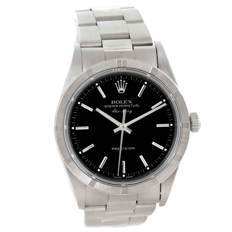 The Rolex Air-King 14010 Men's Stainless Steel Black Dial 14010 Men's Stainless Steel Black Dial watch is shown from the front angle, highlighting the dial, bezel, bracelet, hands, and crown.