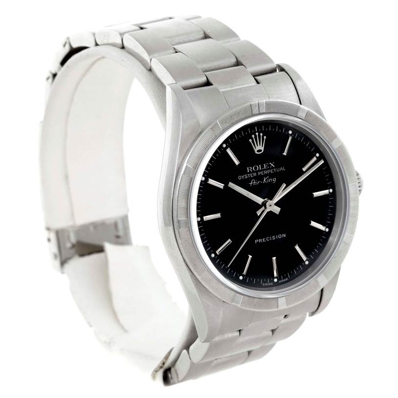 This image shows a side angle of the Rolex Air-King 14010 Men's Stainless Steel Black Dial 14010 Men's Stainless Steel Black Dial watch, highlighting the black dial, stainless steel case, and bracelet.