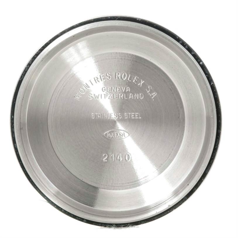 This is an inside view of the case back for a Rolex Air-King 14010 Men's Stainless Steel White Dial 14010 Men's Stainless Steel White Dial watch, showcasing its engravings.