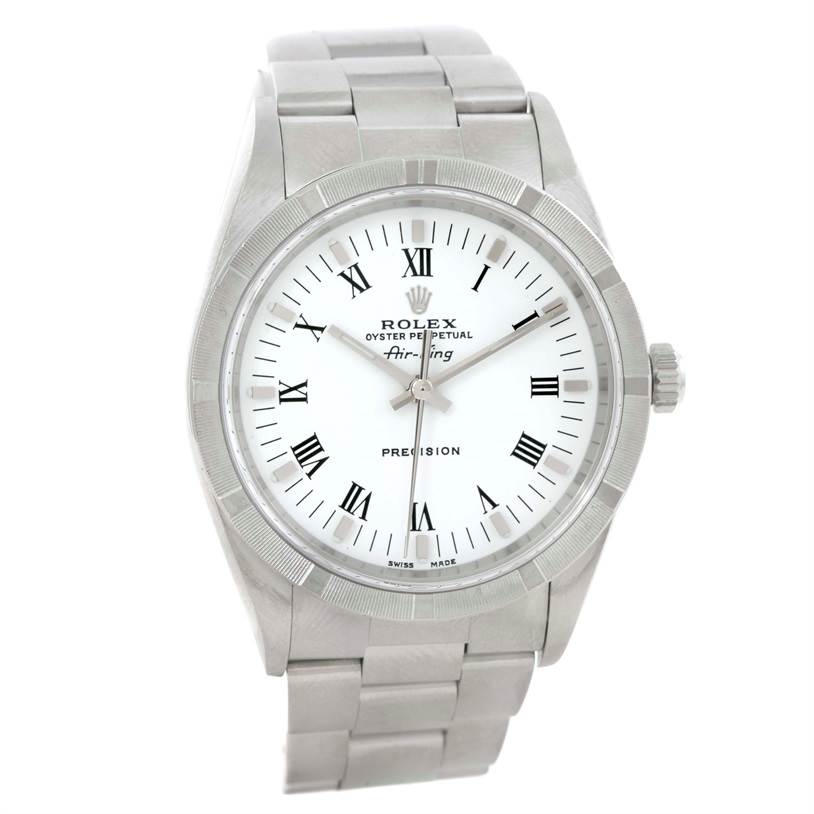 This image shows a frontal view of the Rolex Air-King 14010 Men's Stainless Steel White Dial 14010 Men's Stainless Steel White Dial watch, displaying its face, bezel, bracelet, and crown.