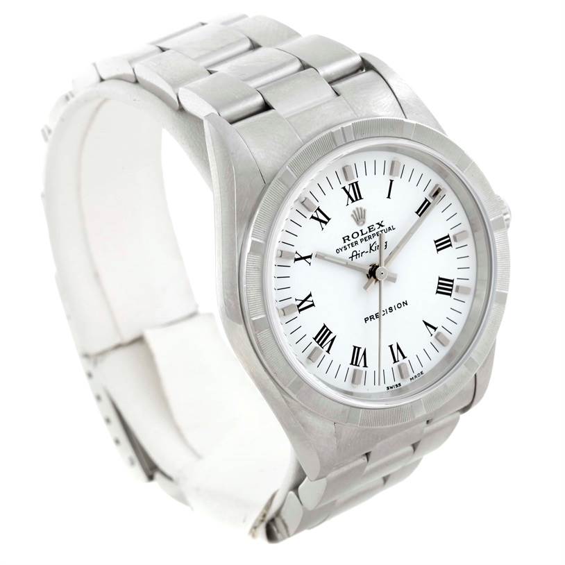 The image shows the Rolex Air-King 14010 Men's Stainless Steel White Dial 14010 Men's Stainless Steel White Dial watch from a front-side angle, displaying the watch face, bezel, and a portion of the bracelet.
