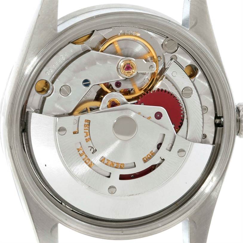 The image shows the internal movement mechanism of a Rolex Air-King 14010 Men's Stainless Steel White Dial 14010 Men's Stainless Steel White Dial watch from the case back side.