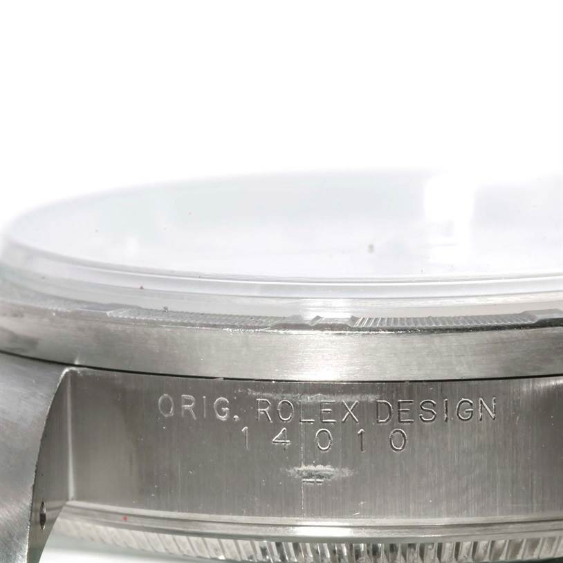 The image shows a close-up side view of the case edge of a Rolex Air-King 14010 Men's Stainless Steel White Dial 14010 Men's Stainless Steel White Dial watch, displaying the model number 14010.