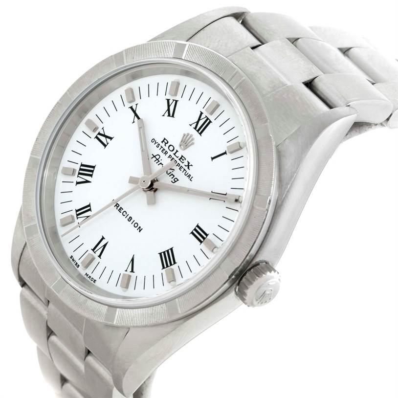 The image shows a front-side view of the Rolex Air-King 14010 Men's Stainless Steel White Dial 14010 Men's Stainless Steel White Dial, highlighting the dial, bezel, and part of the bracelet.