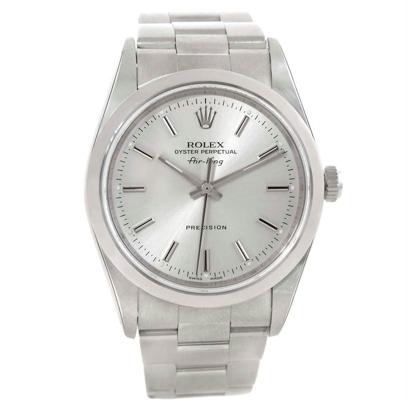 The image shows a front-facing view of a Rolex Air-King 14000 Men's Stainless Steel Silver Dial 14000 Men's Stainless Steel Silver Dial watch, displaying its dial, bezel, case, and metal bracelet.