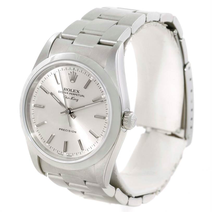 The image shows a Rolex Air-King 14000 Men's Stainless Steel Silver Dial 14000 Men's Stainless Steel Silver Dial from an angled front view, highlighting the watch face, crown, and part of the bracelet.