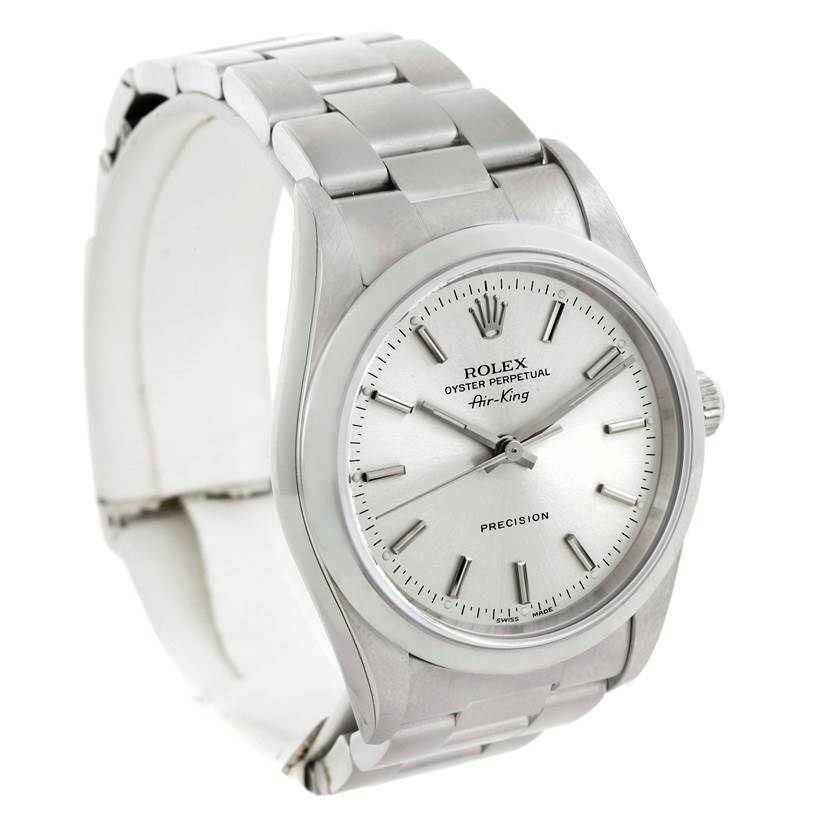 The image shows a Rolex Air-King 14000 Men's Stainless Steel Silver Dial 14000 Men's Stainless Steel Silver Dial watch at a slight angle, highlighting its dial, bracelet, bezel, and crown.
