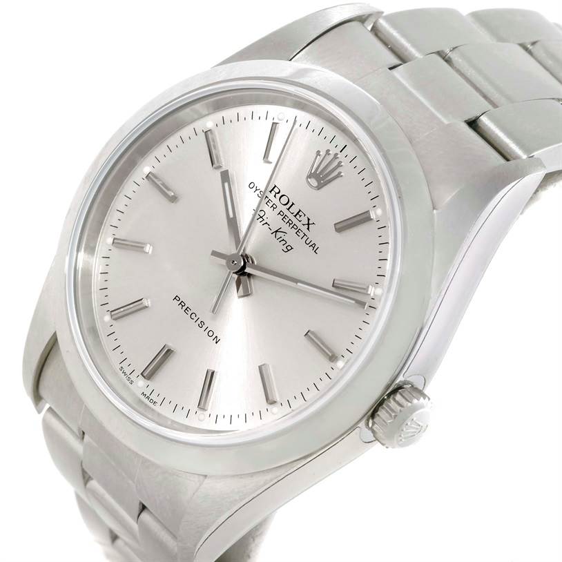 The image shows a close-up view of the face and part of the bracelet of a Rolex Air-King 14000 Men's Stainless Steel Silver Dial 14000 Men's Stainless Steel Silver Dial watch.