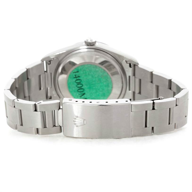 The image shows the back view of a Rolex Air-King 14000 Men's Stainless Steel Silver Dial 14000 Men's Stainless Steel Silver Dial watch, highlighting the case back and metal bracelet clasp.