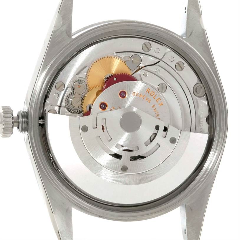 The image shows the internal mechanism and movement of a Rolex Air-King 14000 Men's Stainless Steel Silver Dial 14000 Men's Stainless Steel Silver Dial watch from the back.