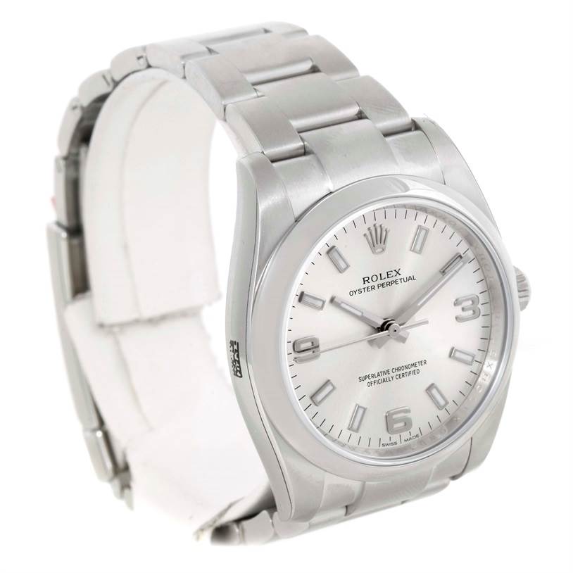 The image shows a Rolex Air-King 114200 Men's Stainless Steel Silver Dial 114200 Men's Stainless Steel Silver Dial watch angled to display the face, bezel, and part of the bracelet.