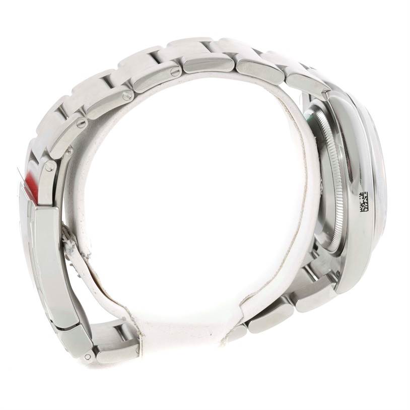 This side view shows the bracelet and case of the Rolex Air-King 114200 Men's Stainless Steel Silver Dial 114200 Men's Stainless Steel Silver Dial.