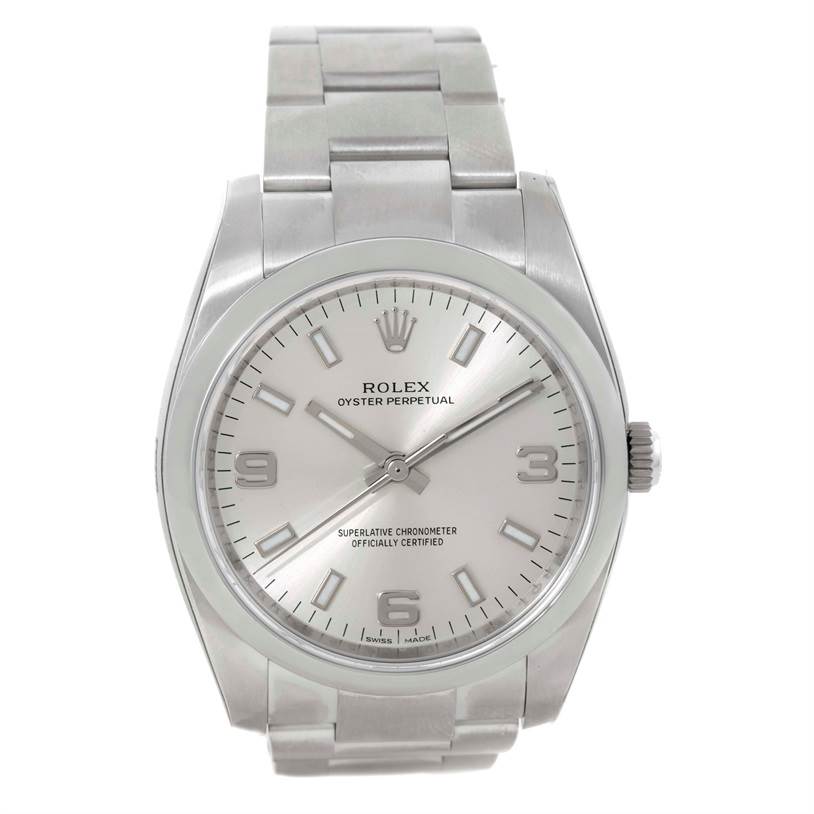 This image shows a frontal view of the Rolex Air-King 114200 Men's Stainless Steel Silver Dial 114200 Men's Stainless Steel Silver Dial watch, showcasing its dial, bezel, and partially the bracelet.