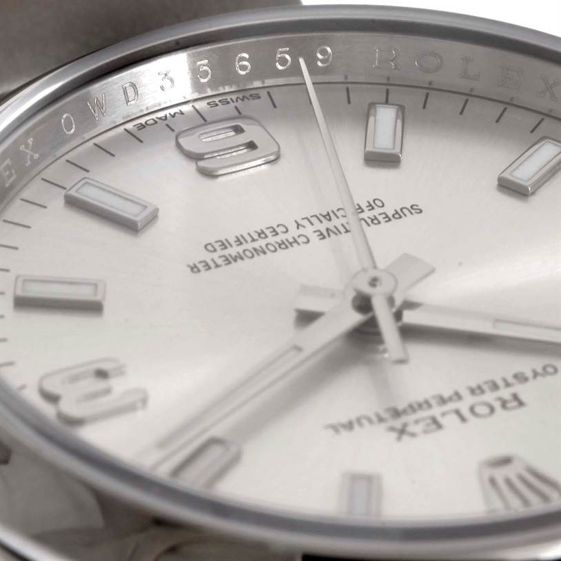 Close-up angle showcasing the dial, hands, and part of the chapter ring of the Rolex Air-King 114200 Men's Stainless Steel Silver Dial 114200 Men's Stainless Steel Silver Dial watch.