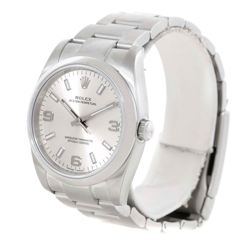 The image shows a Rolex Air-King 114200 Men's Stainless Steel Silver Dial 114200 Men's Stainless Steel Silver Dial watch, angled slightly from the front, displaying its face, bezel, crown, and part of the bracelet.