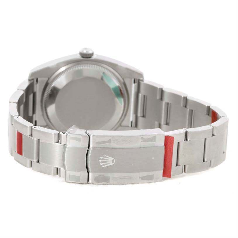 The image shows the back view of a Rolex Air-King 114200 Men's Stainless Steel Silver Dial 114200 Men's Stainless Steel Silver Dial watch, highlighting the case back and bracelet clasp.