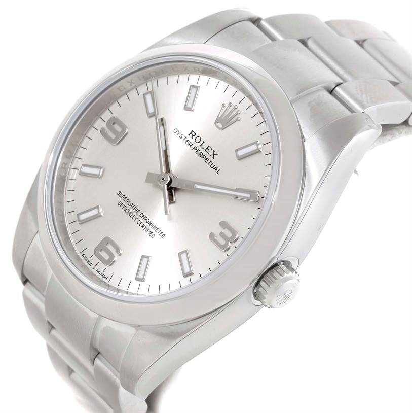 The image shows a Rolex Air-King 114200 Men's Stainless Steel Silver Dial 114200 Men's Stainless Steel Silver Dial watch at a slight angle, displaying its face, crown, and a portion of the metal bracelet.