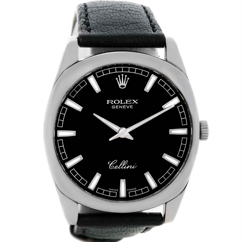 The image shows a front view of a Rolex Cellini 4243 Men's White Gold Black Dial 4243 Men's White Gold Black Dial watch, highlighting the dial, hour markers, hands, case, and leather strap.