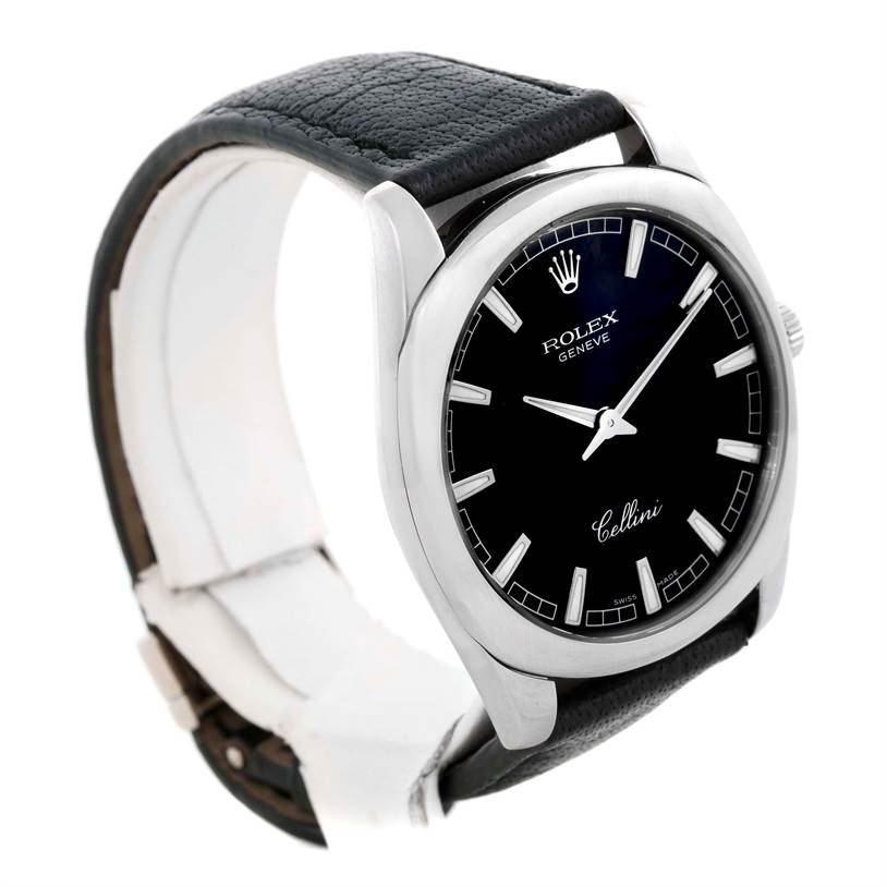 A Rolex Cellini 4243 Men's White Gold Black Dial 4243 Men's White Gold Black Dial watch is shown at a three-quarter angle, highlighting the black dial, silver case, and black leather strap.