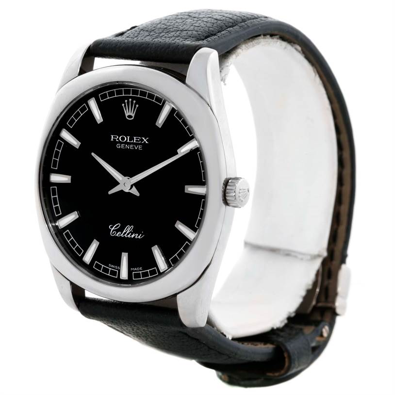 The Rolex Cellini 4243 Men's White Gold Black Dial 4243 Men's White Gold Black Dial watch is shown from a three-quarter angle, displaying the face, crown, and leather strap.