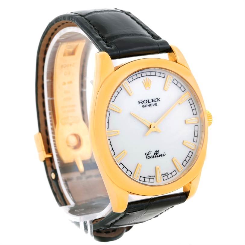 The image shows a Rolex Cellini 4243 Men's Yellow Gold White Dial 4243 Men's Yellow Gold White Dial watch at an angled view, highlighting the face, hands, case, and black leather strap.