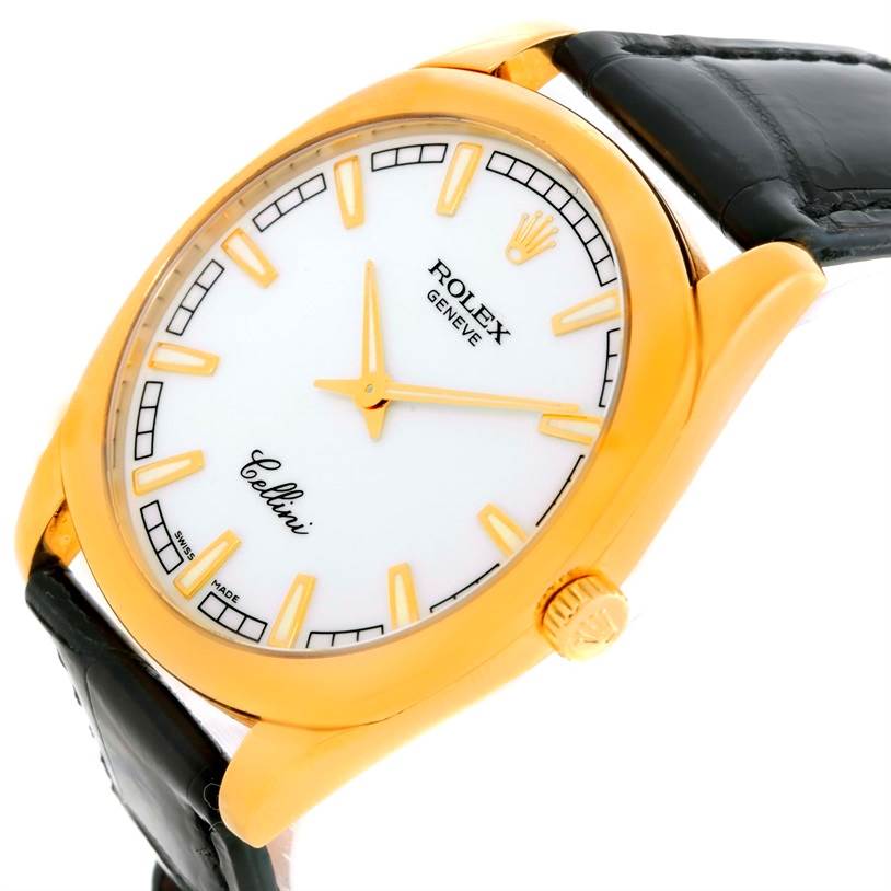 This image shows a close-up angled view of the dial, crown, and part of the strap of the Rolex Cellini 4243 Men's Yellow Gold White Dial 4243 Men's Yellow Gold White Dial watch.