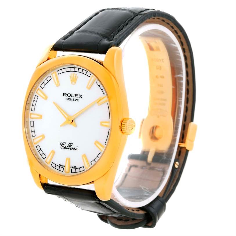The image shows a Rolex Cellini 4243 Men's Yellow Gold White Dial 4243 Men's Yellow Gold White Dial watch from a slightly angled side view, highlighting its face, crown, and strap.