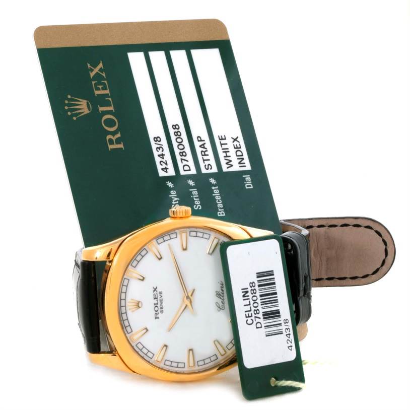 This image shows a Rolex Cellini 4243 Men's Yellow Gold White Dial 4243 Men's Yellow Gold White Dial model watch from a front angle, with product tags included.