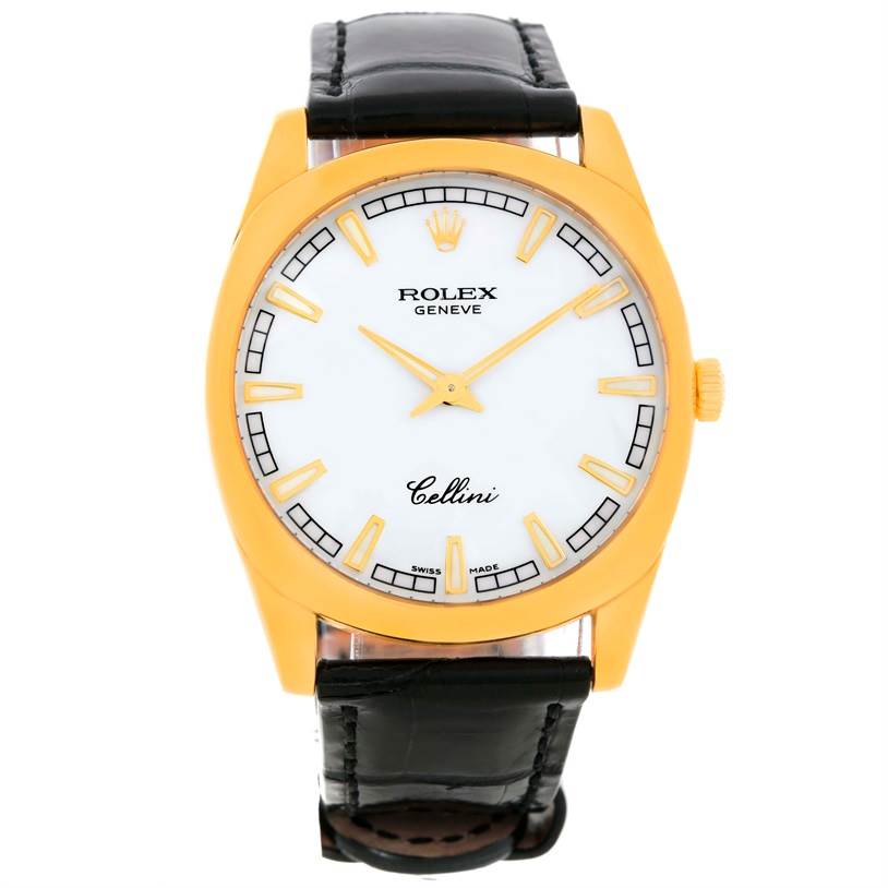This image shows a front view of a Rolex Cellini 4243 Men's Yellow Gold White Dial 4243 Men's Yellow Gold White Dial watch, highlighting the face, hands, case, and leather strap.