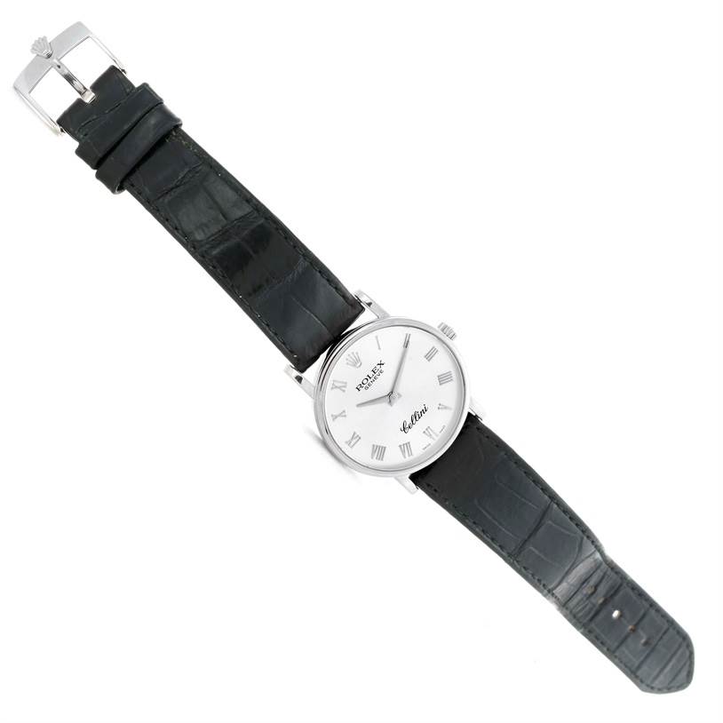 The Rolex Cellini 5116 Men's White Gold Silver Dial 5116 Men's White Gold Silver Dial watch is shown from a top view, displaying the face, strap, buckle, and lugs.