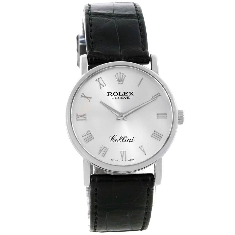 The image shows a Rolex Cellini 5116 Men's White Gold Silver Dial 5116 Men's White Gold Silver Dial model watch from a front angle, highlighting the face, hour markers, and black leather strap.