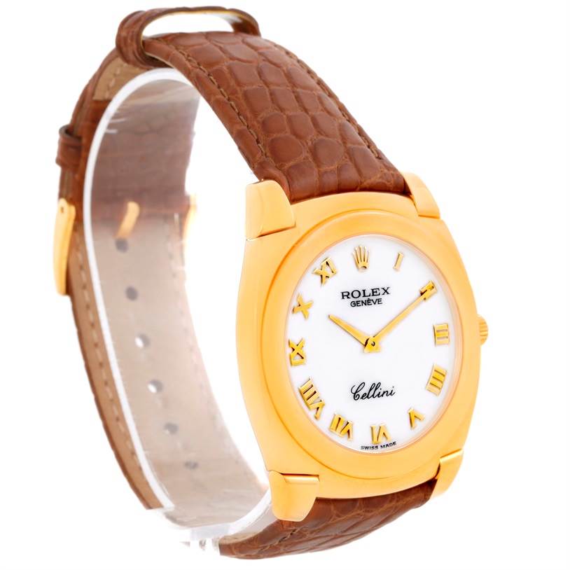 The image shows a Rolex Cellini 5330 Men's Yellow Gold White Dial 5330 Men's Yellow Gold White Dial watch at a three-quarter angle, highlighting the gold case, white dial, and brown leather strap.