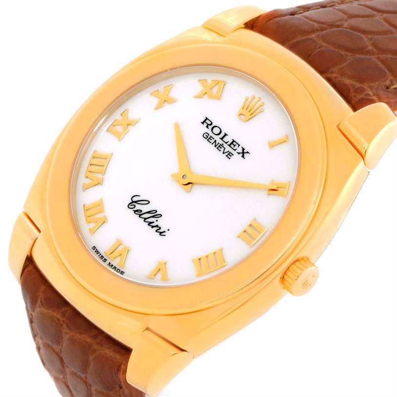 This Rolex Cellini 5330 Men's Yellow Gold White Dial 5330 Men's Yellow Gold White Dial watch is shown at an angled top-front view, highlighting the dial, bezel, crown, and leather strap.