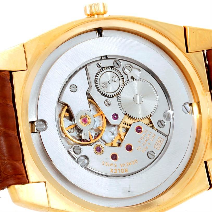 This image shows the back view of the movement inside a Rolex Cellini 5330 Men's Yellow Gold White Dial 5330 Men's Yellow Gold White Dial watch, highlighting its intricate mechanical components.