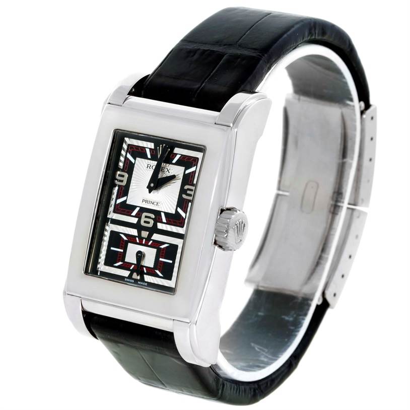 The image shows a Rolex Cellini 5443 Men's White Gold Black Dial 5443 Men's White Gold Black Dial Prince model watch at a three-quarter angle, highlighting the dial, case, crown, and leather strap.