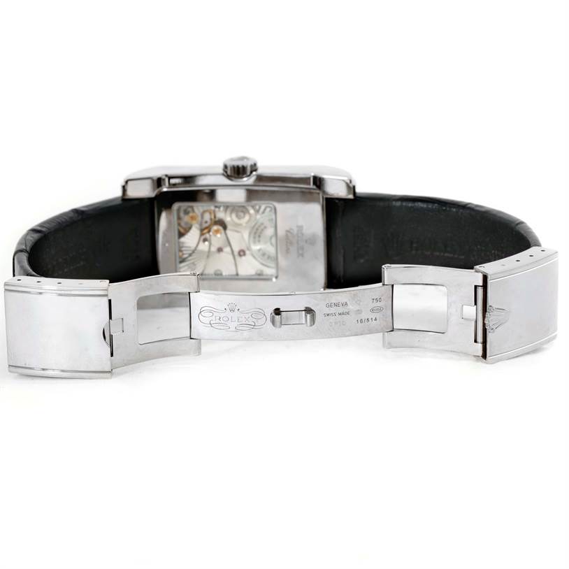 The image shows the inside view of the Rolex Cellini 5443 Men's White Gold Black Dial 5443 Men's White Gold Black Dial watch, including the open clasp and visible case back.