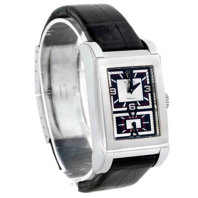 The Rolex Cellini 5443 Men's White Gold Black Dial 5443 Men's White Gold Black Dial watch is viewed from a 3/4 angle, showing the face, bezel, case, and leather strap.