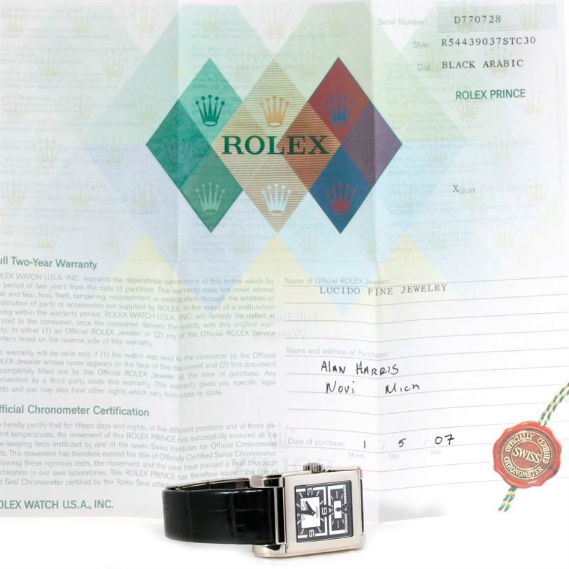 This image shows a Rolex Cellini 5443 Men's White Gold Black Dial 5443 Men's White Gold Black Dial watch, warranty documents, and a purchase receipt, with the watch placed at an angle revealing the face and strap.