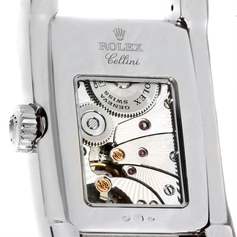 The image shows the back casing and internal mechanism of the Rolex Cellini 5443 Men's White Gold Black Dial 5443 Men's White Gold Black Dial watch at a slightly angled view.