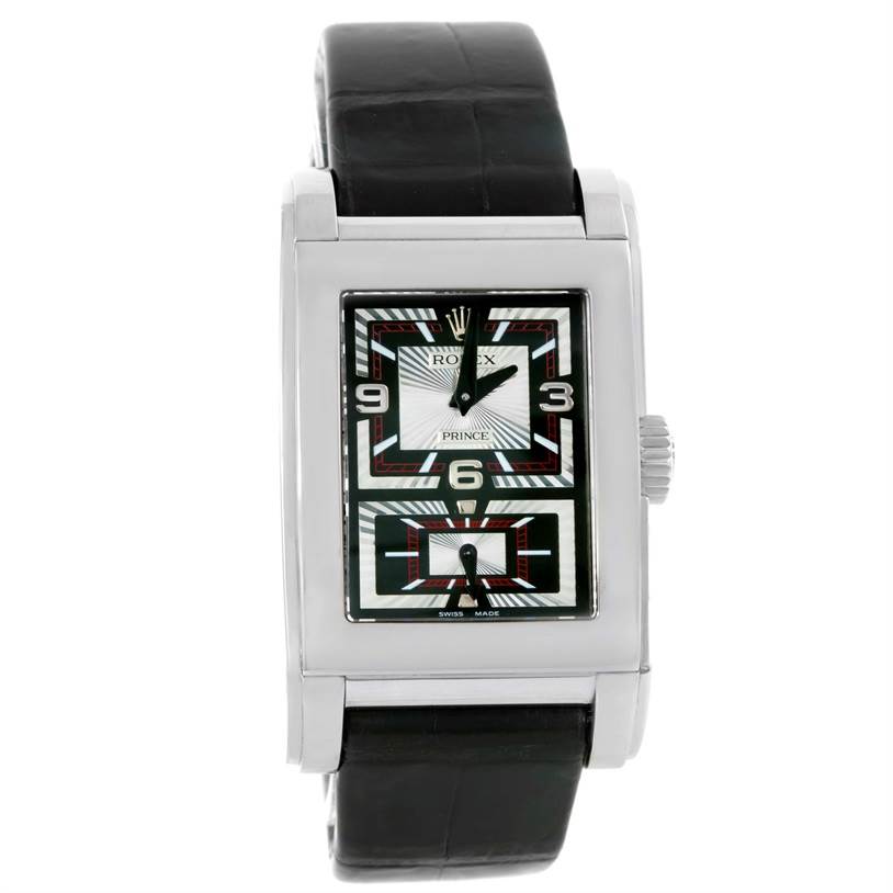 The Rolex Cellini 5443 Men's White Gold Black Dial 5443 Men's White Gold Black Dial model watch is shown from a front angle, displaying its rectangular face and black leather strap.