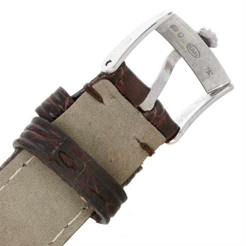 The image shows a close-up of the buckle and leather strap of a Rolex Cellini 5115 Men's White Gold Silver Dial 5115 Men's White Gold Silver Dial watch from the back.