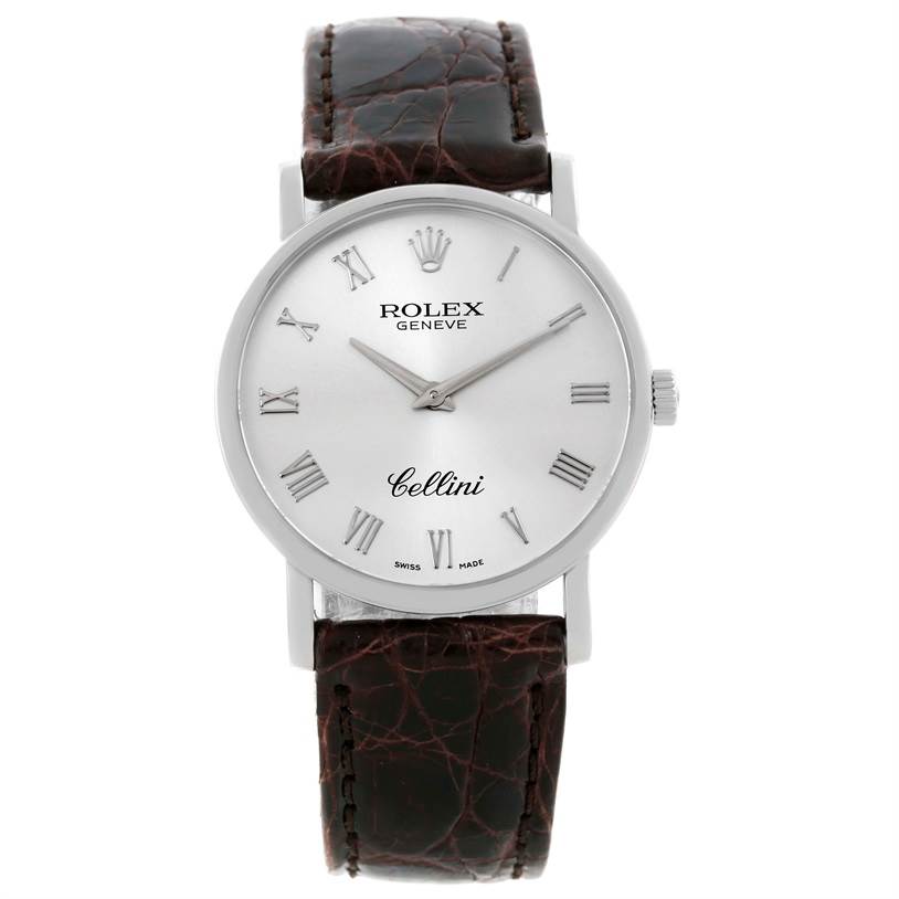 This is a front view of a Rolex Cellini 5115 Men's White Gold Silver Dial 5115 Men's White Gold Silver Dial watch, showing the dial, markers, hands, and leather strap.