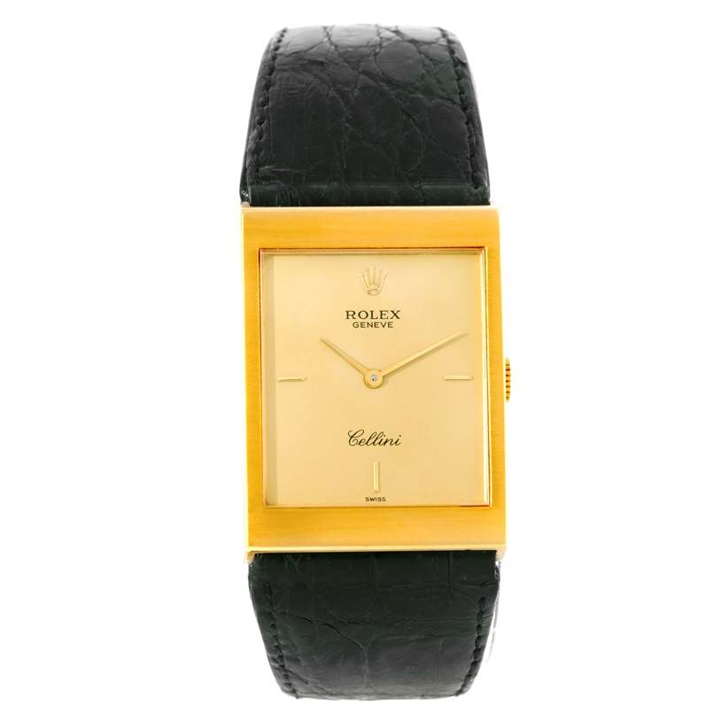 The image depicts a Rolex Cellini 5071 Men's Yellow Gold Champagne Dial 5071 Men's Yellow Gold Champagne Dial watch shown from a front angle, highlighting its rectangular gold case and black leather strap.