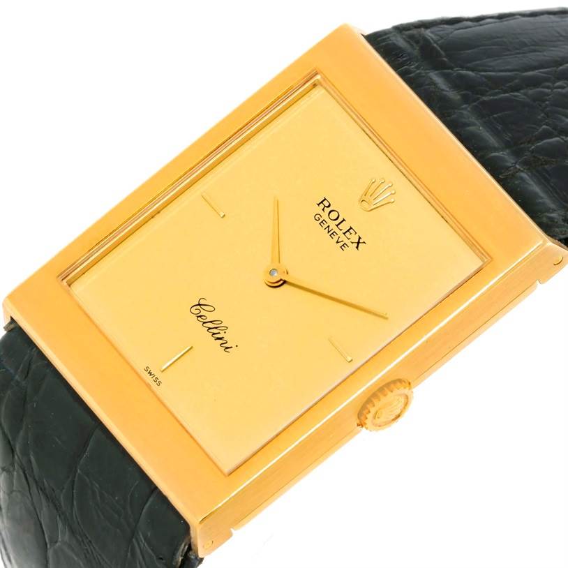The image shows a close-up angled view of a Rolex Cellini 5071 Men's Yellow Gold Champagne Dial 5071 Men's Yellow Gold Champagne Dial watch, highlighting the dial, crown, and part of the leather strap.