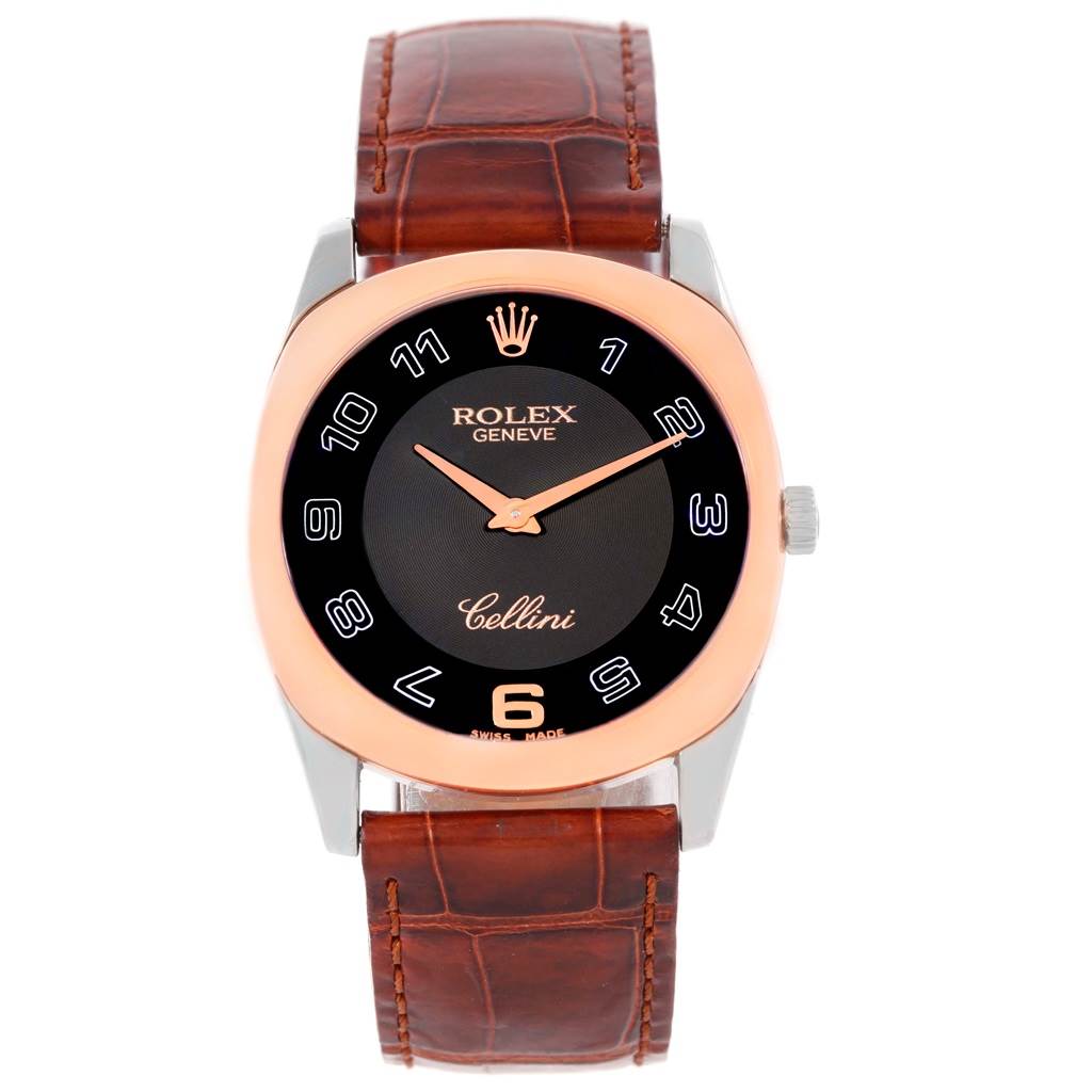 The image shows a front view of a Rolex Cellini 4233 Men's White Gold Black Dial 4233 Men's White Gold Black Dial watch, displaying its round dial, bezel, and brown leather strap.