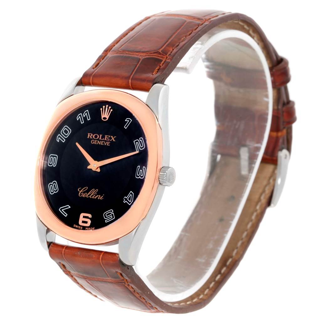 The image shows a Rolex Cellini 4233 Men's White Gold Black Dial 4233 Men's White Gold Black Dial watch at a slight angle, displaying the face, bezel, crown, and leather strap.