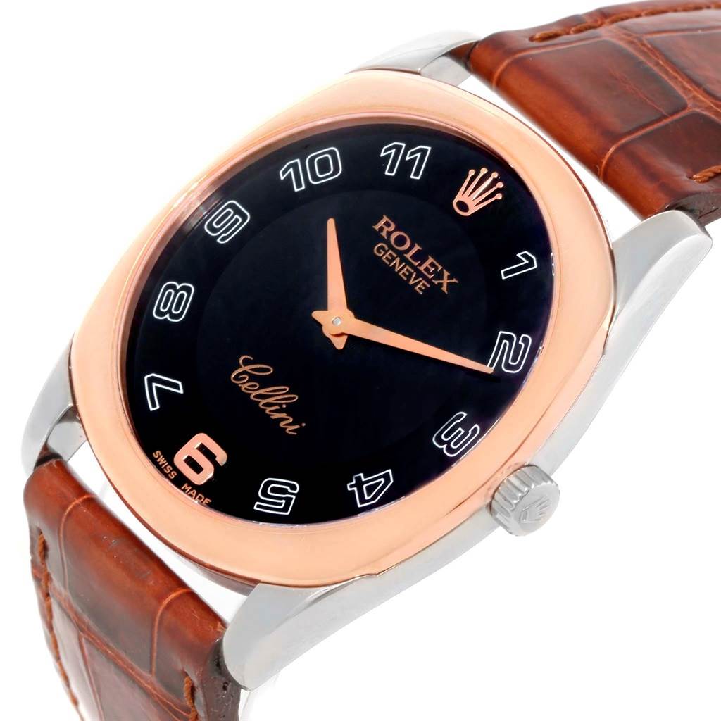 The Rolex Cellini 4233 Men's White Gold Black Dial 4233 Men's White Gold Black Dial watch is shown at a slight angle, displaying the face, crown, case, and part of the leather strap.