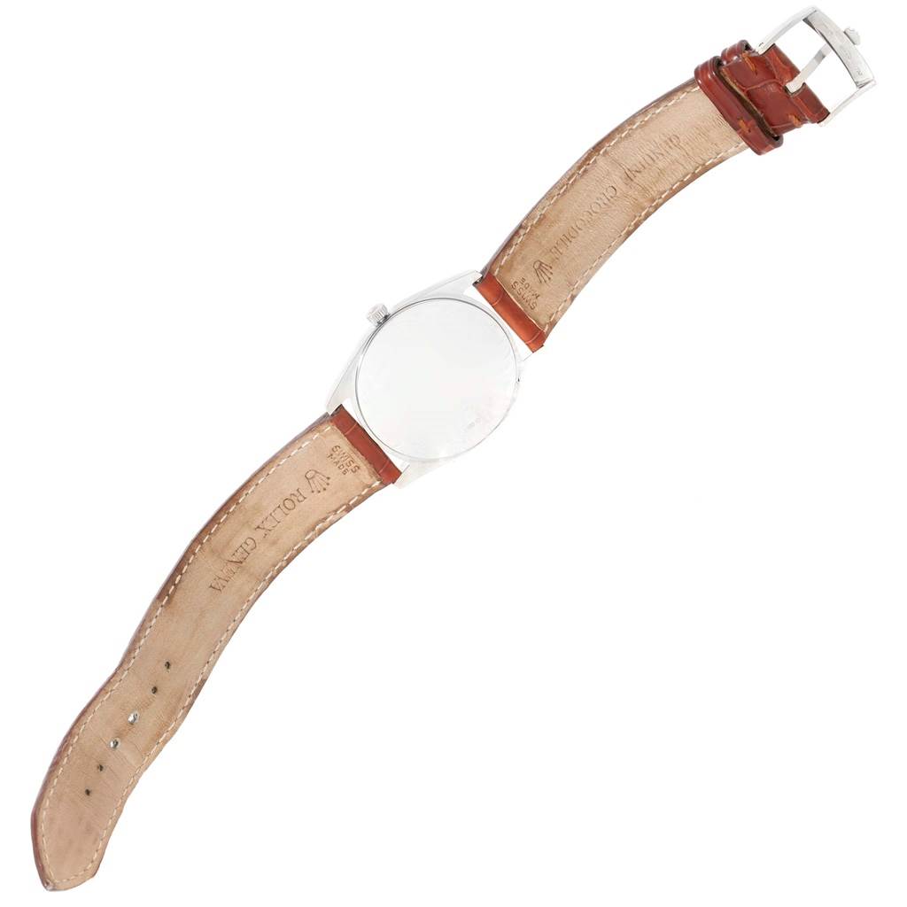 This image shows the back and strap of a Rolex Cellini 4233 Men's White Gold Black Dial 4233 Men's White Gold Black Dial watch, displayed flat and viewed from an overhead angle.