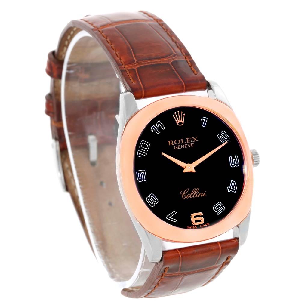The image shows a Rolex Cellini 4233 Men's White Gold Black Dial 4233 Men's White Gold Black Dial watch at a three-quarter angle featuring the watch face, case, and brown leather strap.