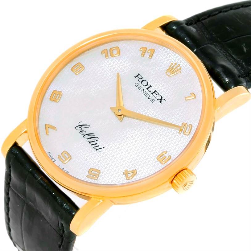 This image shows a frontal and slightly angled view of a Rolex Cellini 5115 Men
s Yellow Gold Mother of Pearl Dial 5115 Men
s Yellow Gold Mother of Pearl Dial watch, highlighting its face, bezel, crown, and leather strap.